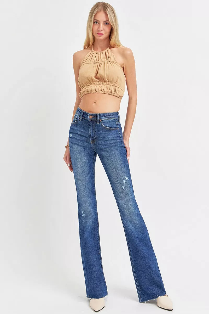 RISEN Full Size Distressed Mid Rise Flare Jeans Plus Size - cas7m