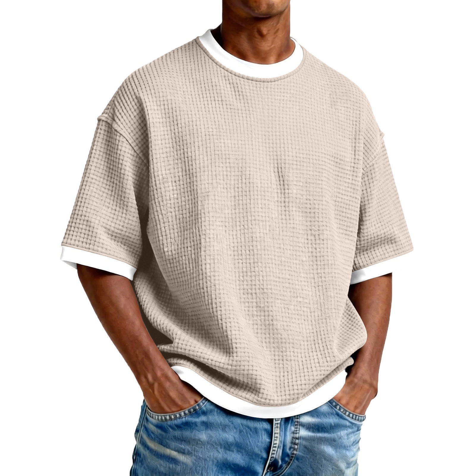 Men's Crew Neck Contrast Color Casual T-Shirt - Cotton Blend Lightweight Short Sleeve Top For Daily Wear - cas7m