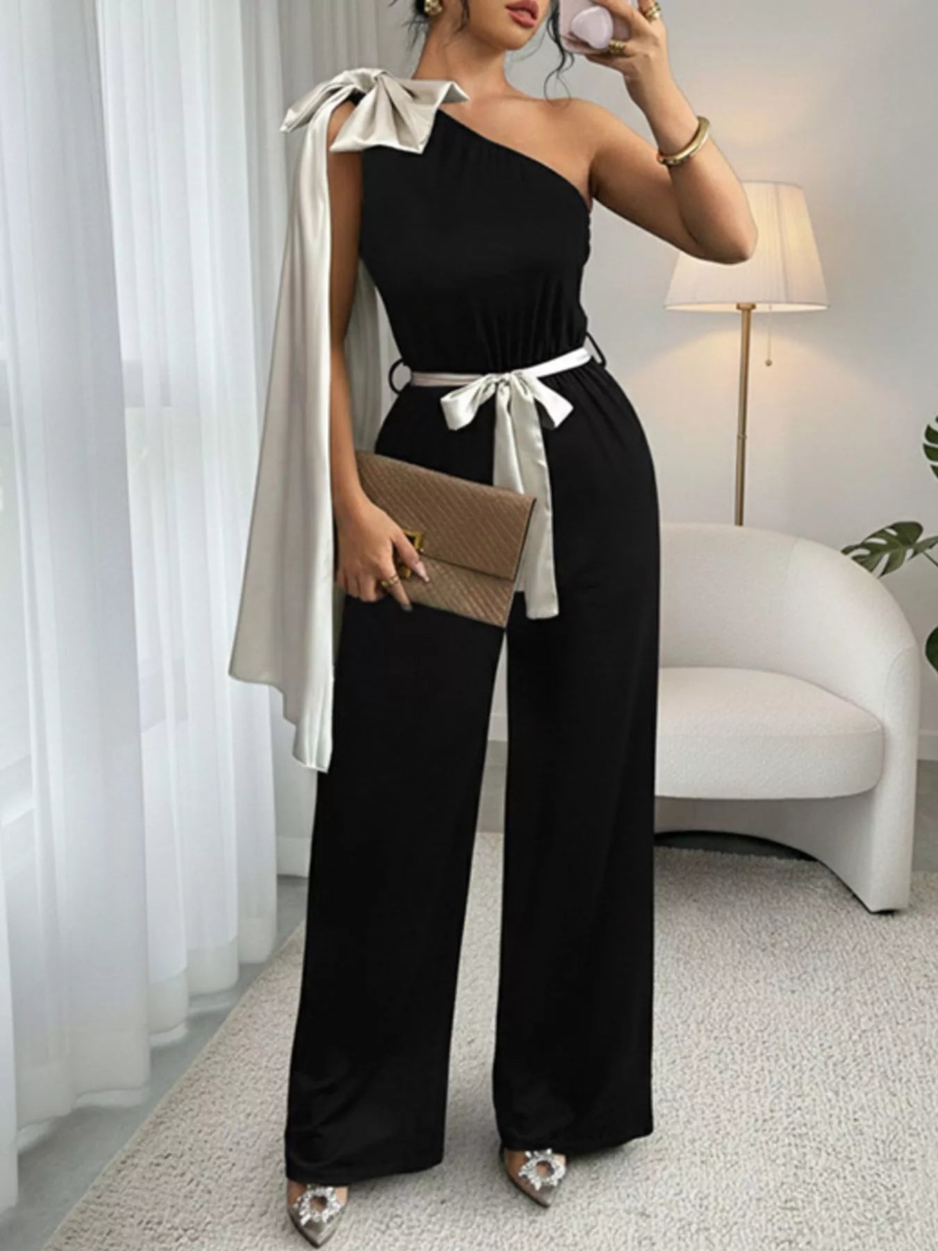 One-Shoulder Bowknot Wide Leg Jumpsuit - cas7m