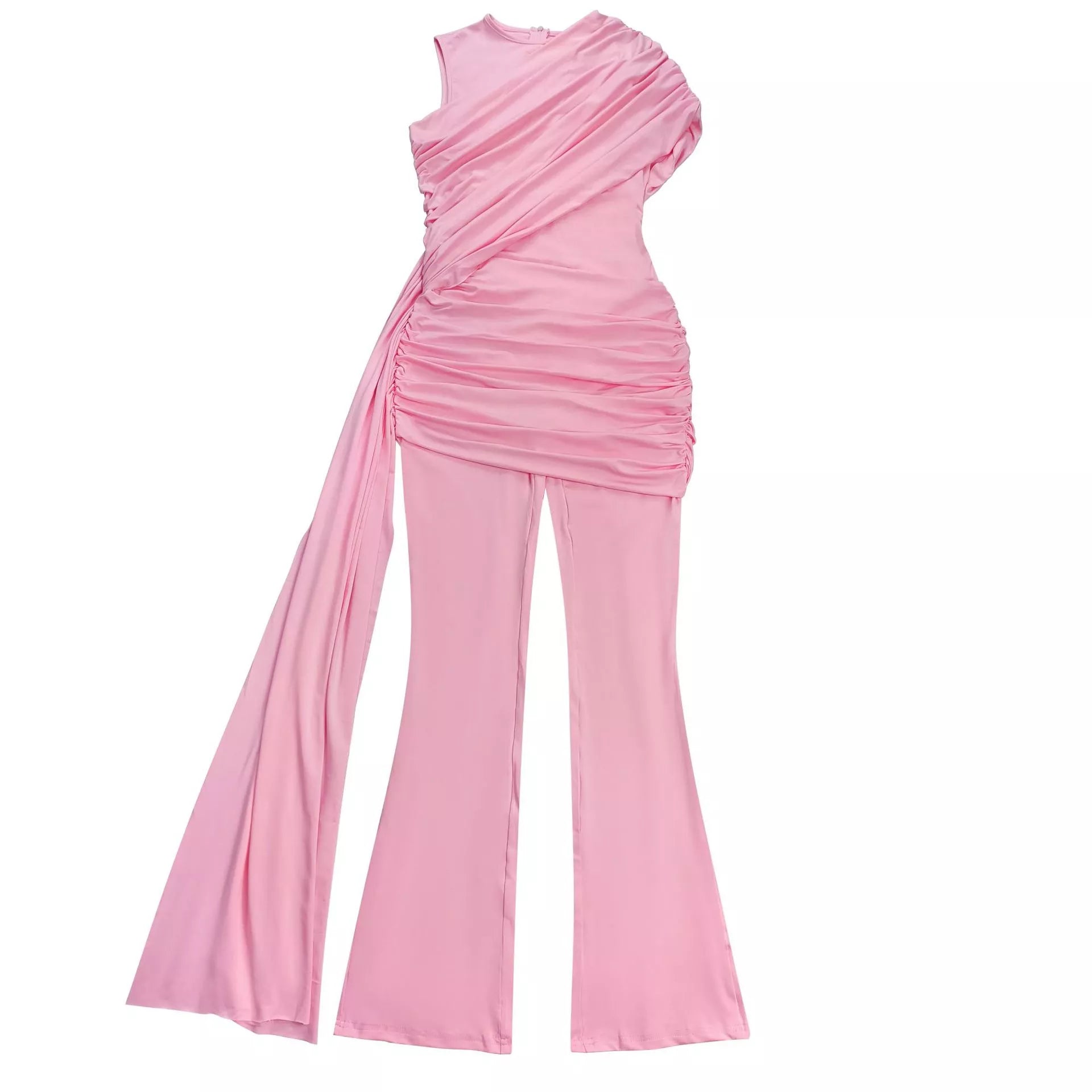 Ruched One-Shoulder Flare Leg Jumpsuit - cas7m