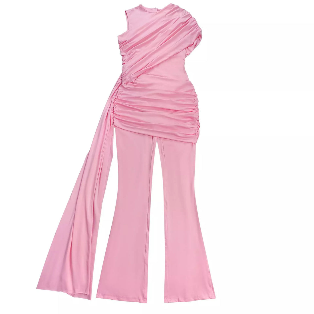 Ruched One-Shoulder Flare Leg Jumpsuit - cas7m