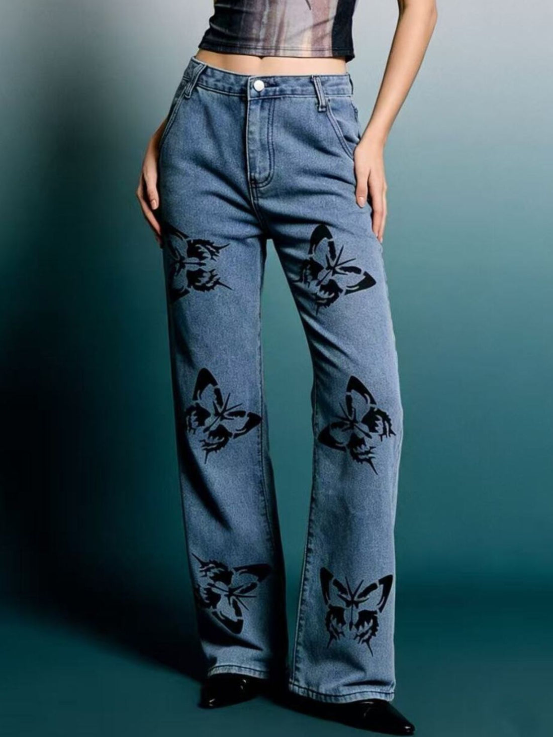 Butterfly Print High-Waisted Wide Leg Jeans - cas7m