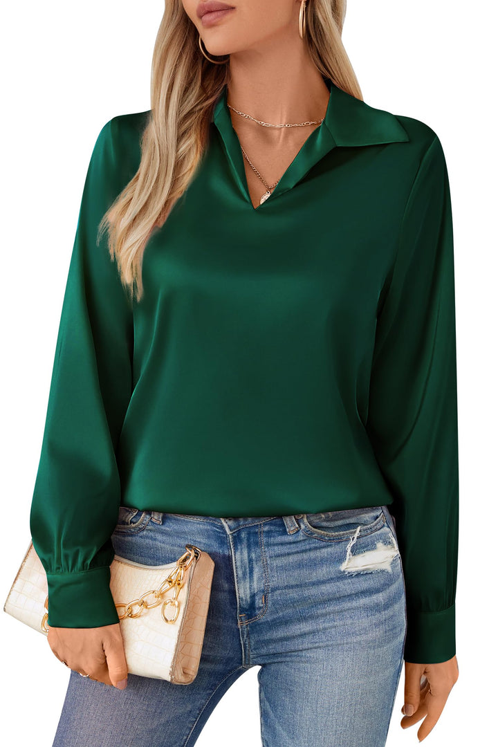DYLISEA Womens Work Dress Shirts for Women Dressy Casual Silk Satin Tops Long Sleeve Business Office Work Blouses for Women Dark Green