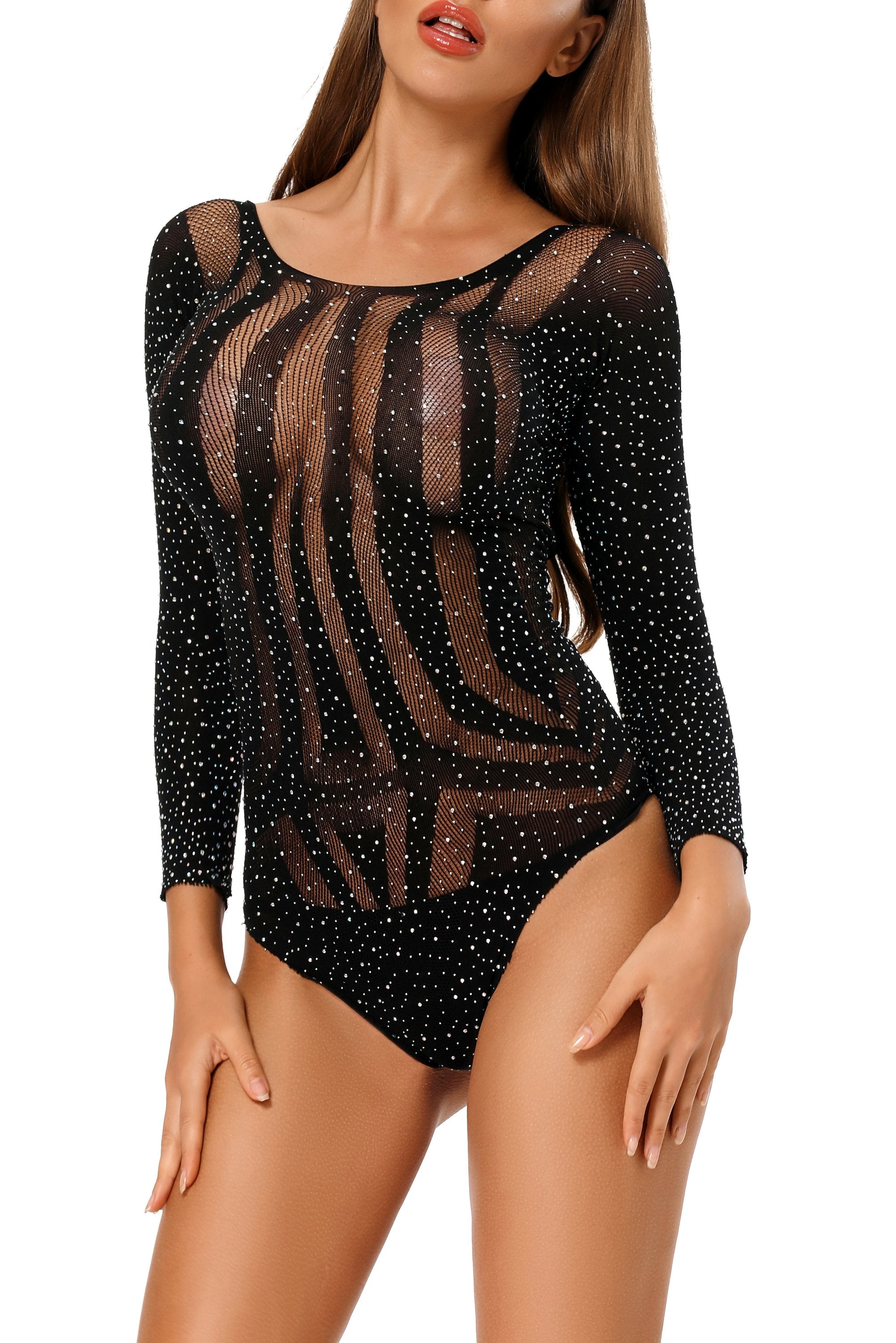 Rhinestone Long Sleeves Hollow-out Bodysuit - cas7m