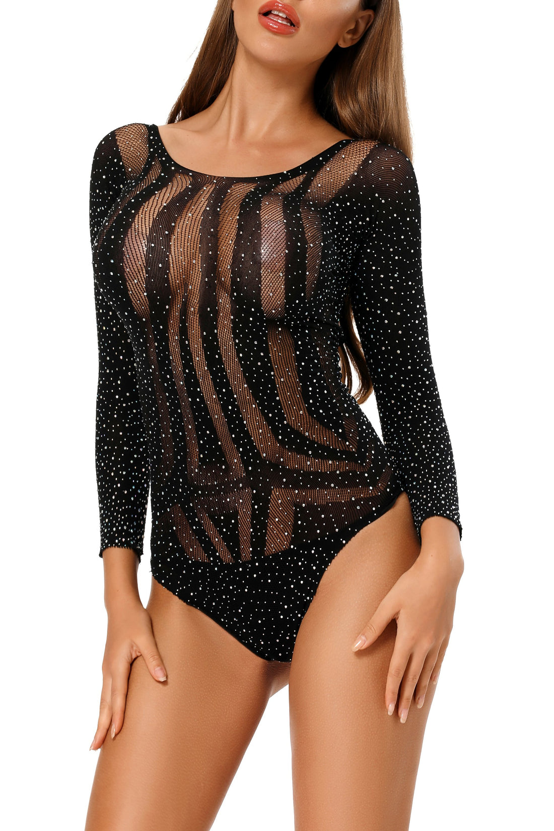 Rhinestone Long Sleeves Hollow-out Bodysuit - cas7m