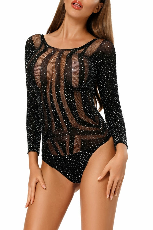 Rhinestone Long Sleeves Hollow-out Bodysuit - cas7m