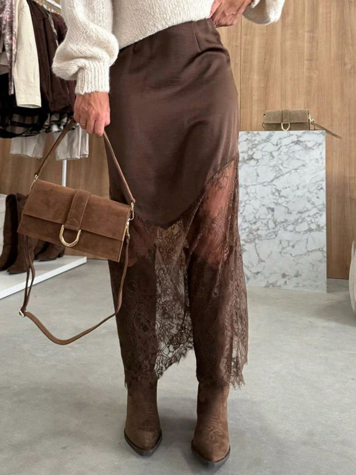 Lace Trim Satin Midi Skirt - cas7m