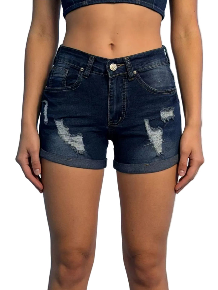 Distressed Wash Denim Shorts - cas7m