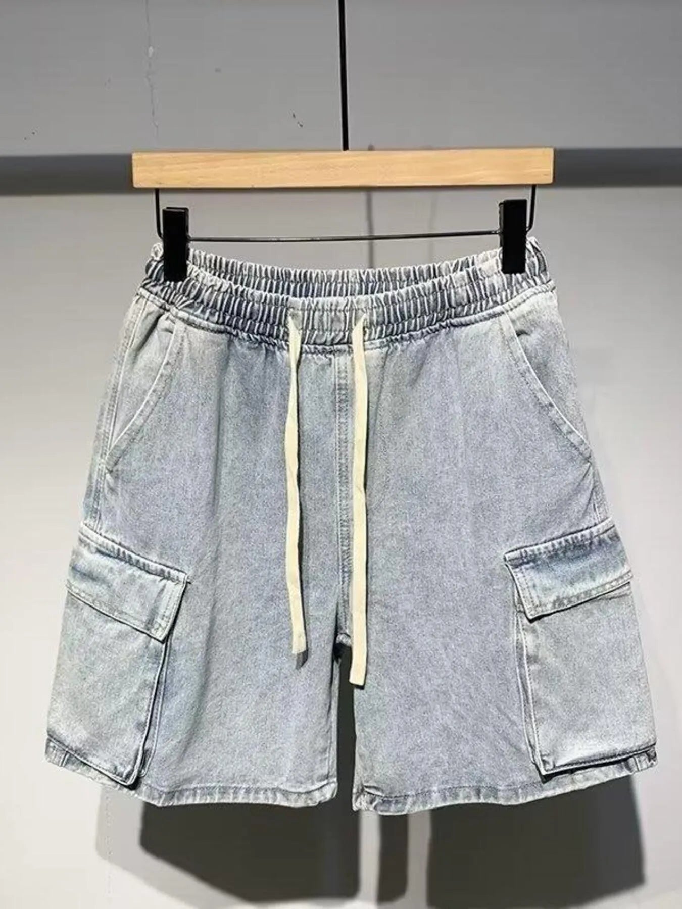 Men's Full Size Elastic Waist Washed Denim Cargo Shorts Plus Size - cas7m