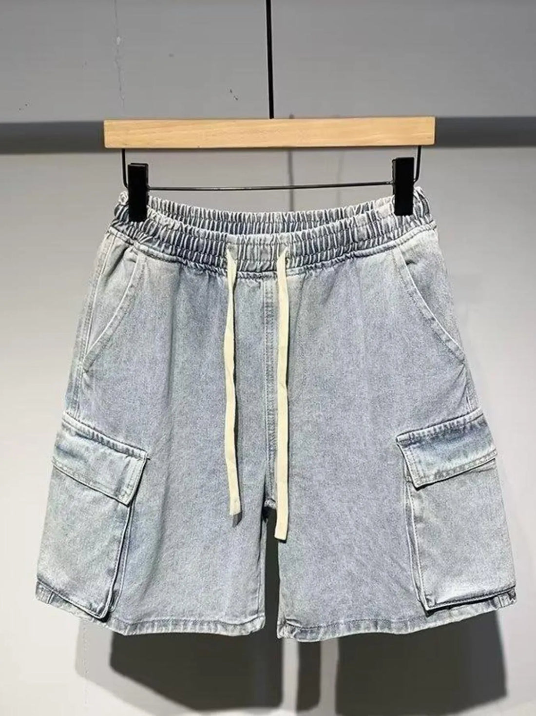 Men's Full Size Elastic Waist Washed Denim Cargo Shorts Plus Size - cas7m