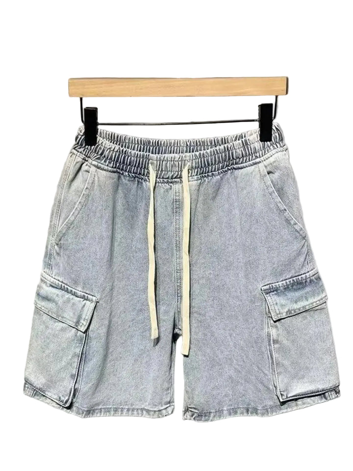 Men's Full Size Elastic Waist Washed Denim Cargo Shorts Plus Size - cas7m