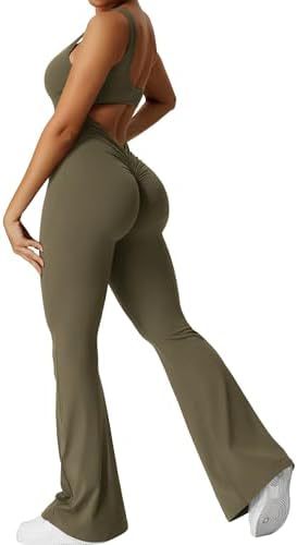 Women Sleeveless Flare Jumpsuits Fitness Yoga Long Pants - cas7m