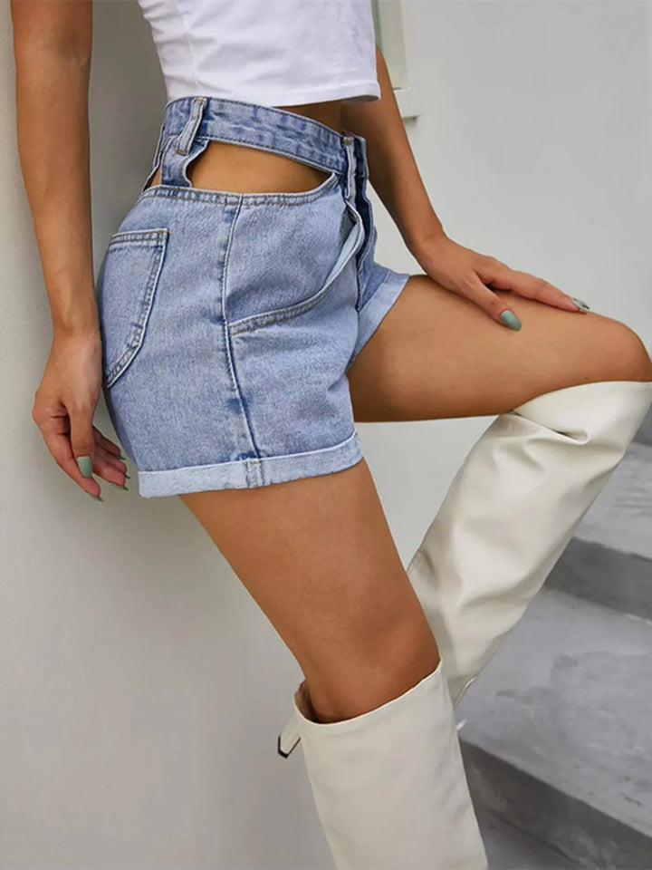 High-Waisted Cutout Denim Shorts - cas7m