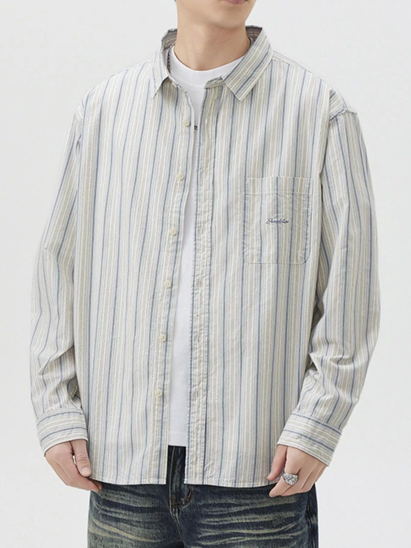Men's Striped Button Up Long Sleeve Shirt - cas7m