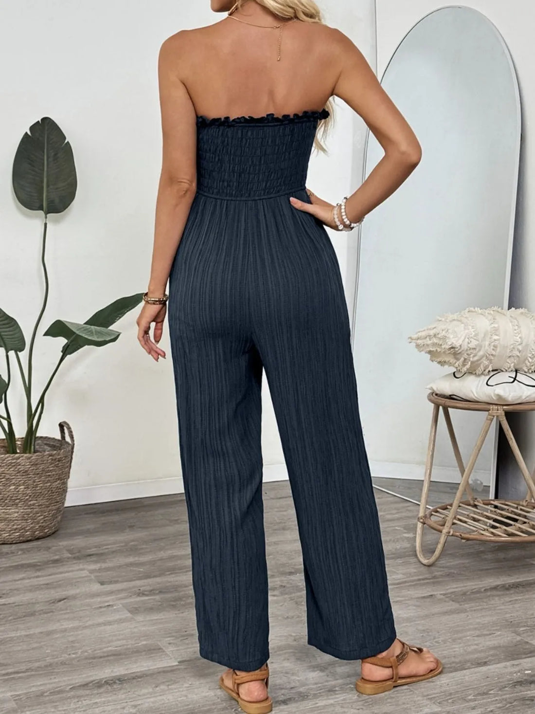 Smocked Tube Wide Leg Jumpsuit - cas7m
