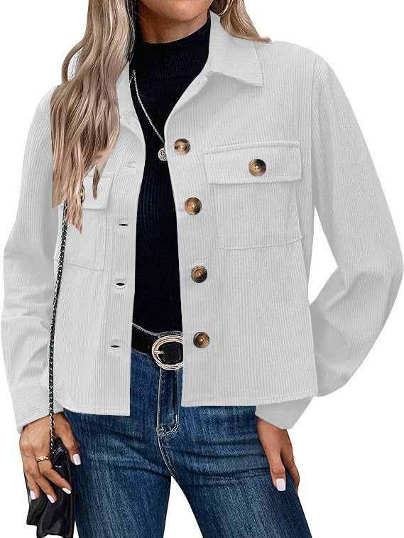 Corduroy Button Cropped Jacket For Women - cas7m
