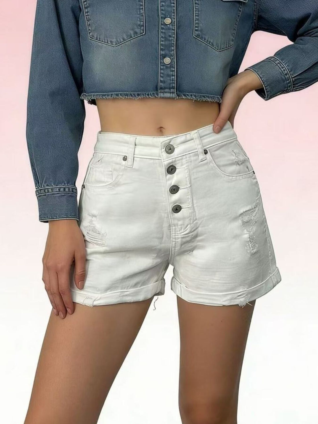 High-Waisted Button-Fly Distressed Denim Shorts - cas7m