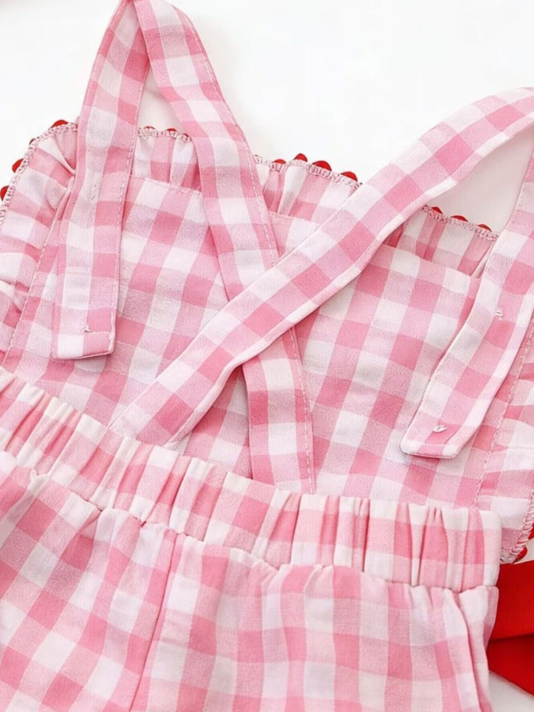 Children's Gingham Soccer Ball Embroidered Ruffle Hem Jumpsuit - cas7m
