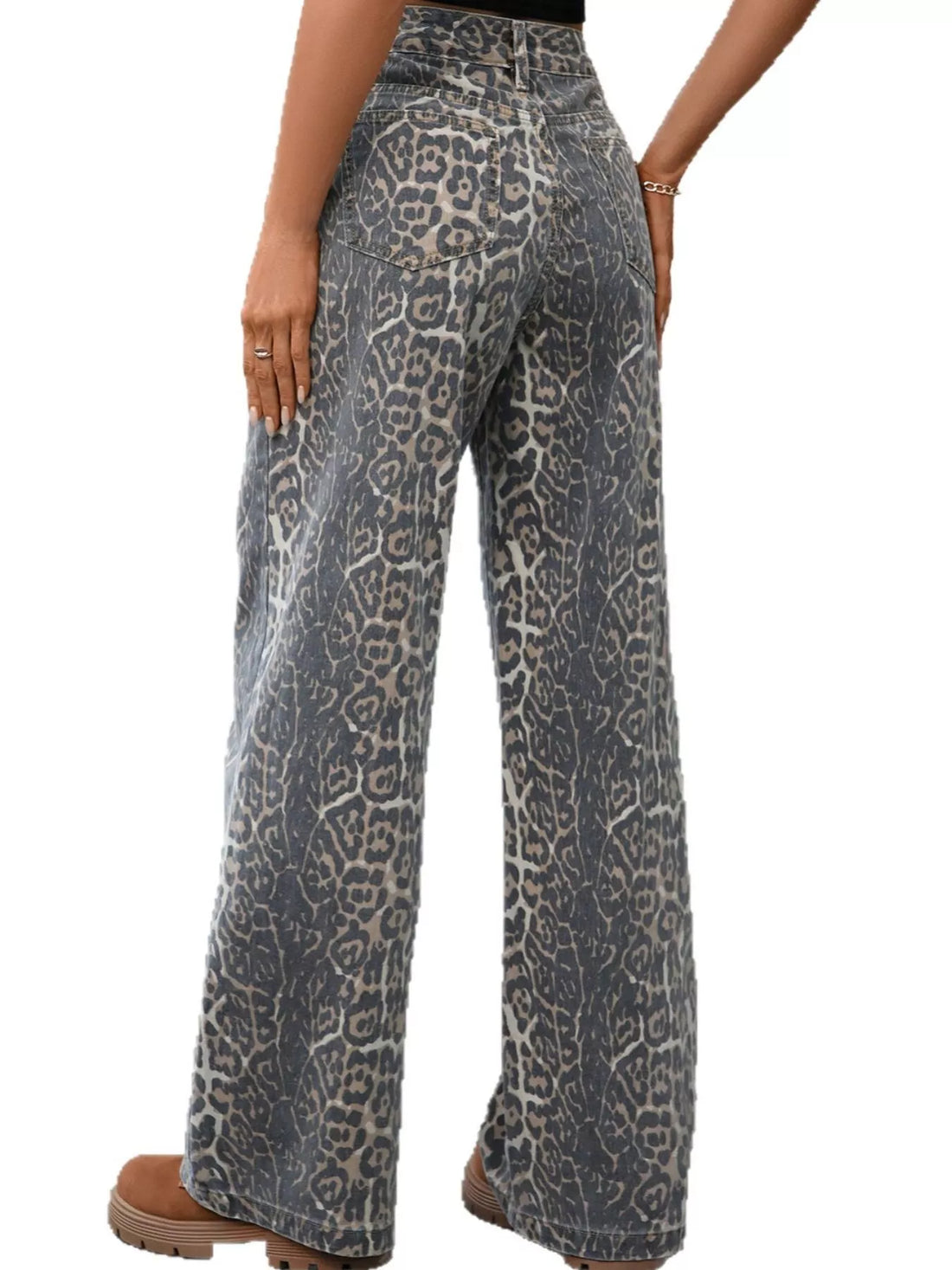 Leopard Wide Leg High Waist Jeans - cas7m