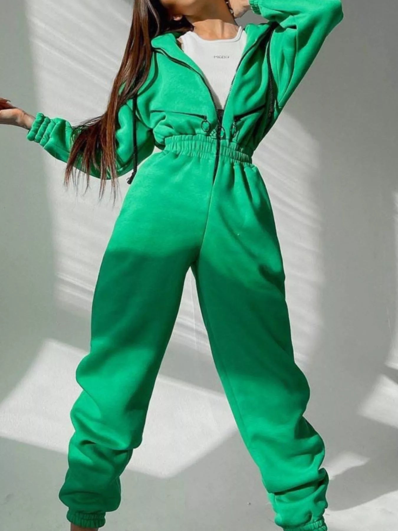 Hooded Zip-Up Long Sleeve Jumpsuit - cas7m
