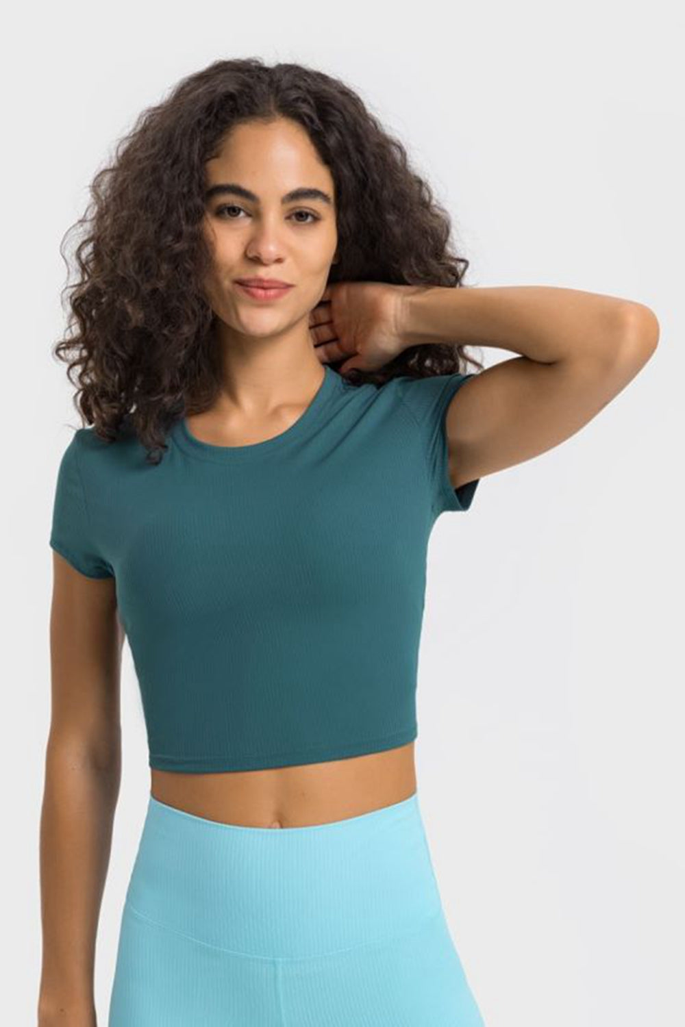 Soft Flex Cropped Yoga Top - Stretchy Solid Short Sleeve - cas7m