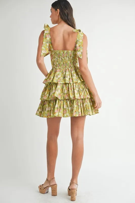 MABLE Floral Print Shoulder Tie Layered Mini Dress - cas7m