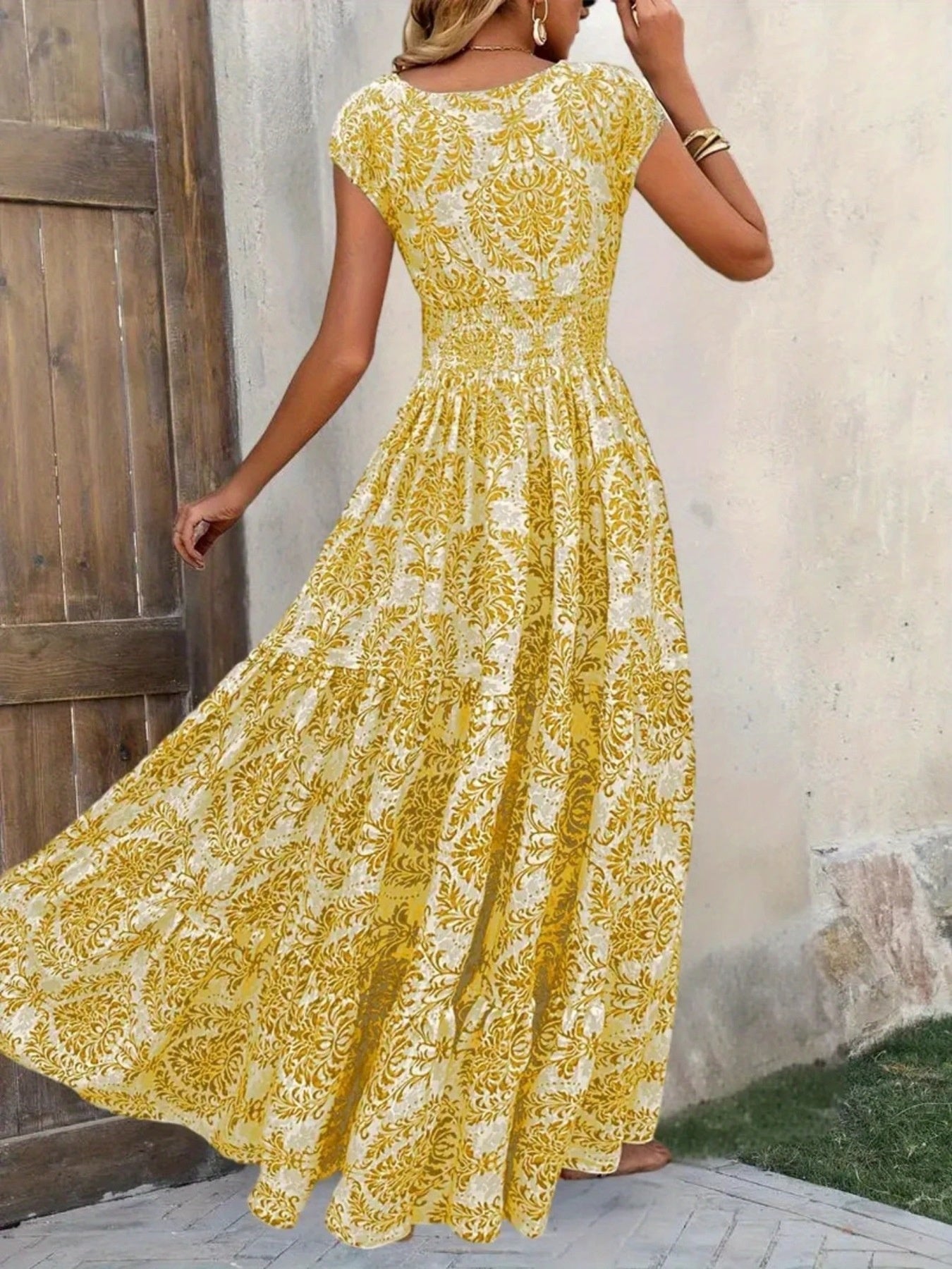 Printed Cap Sleeve Maxi Dress - cas7m