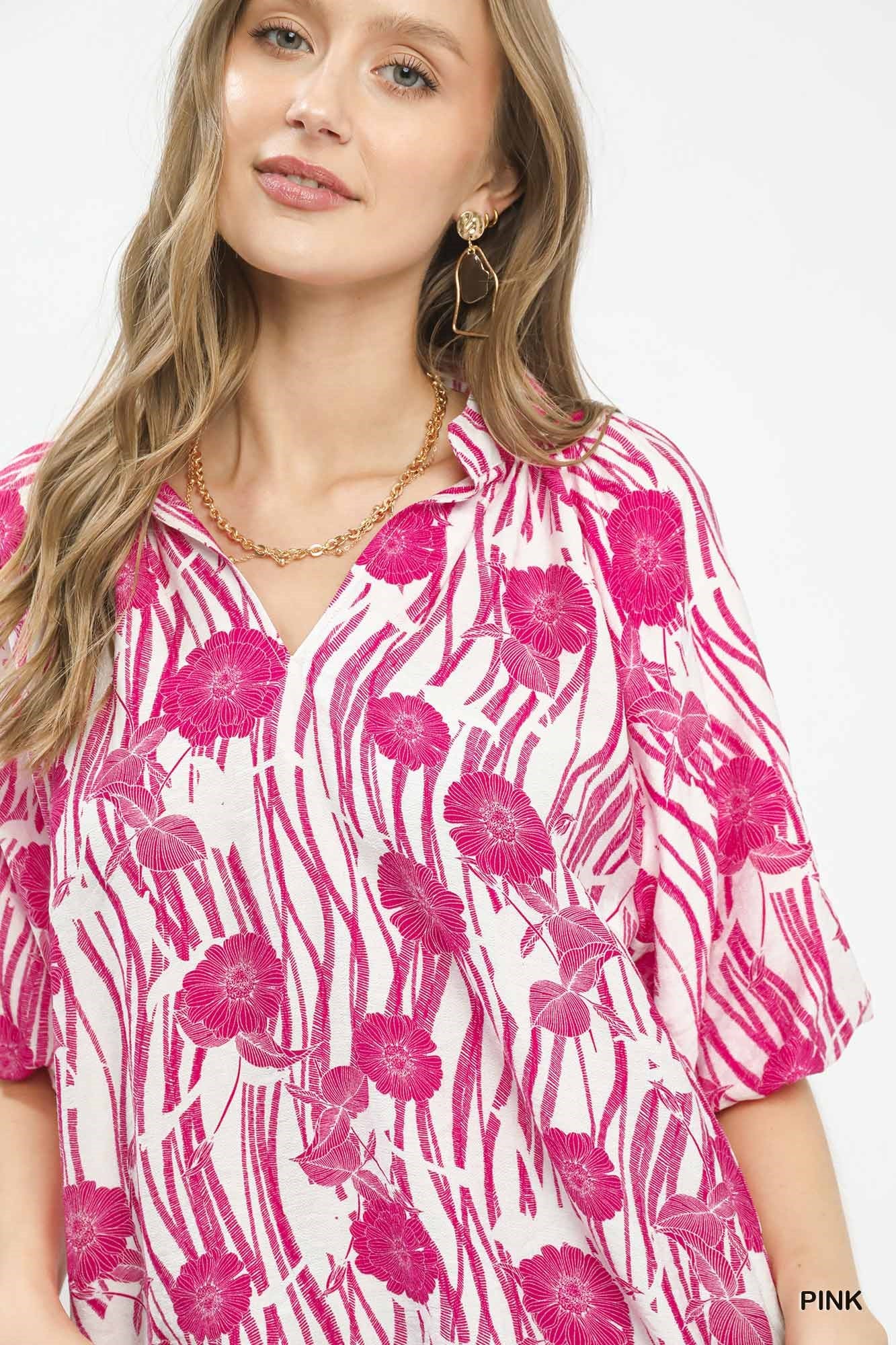 Umgee Floral Scalloped Edge Puff Sleeve Blouse with High-Low Curved Hem - cas7m