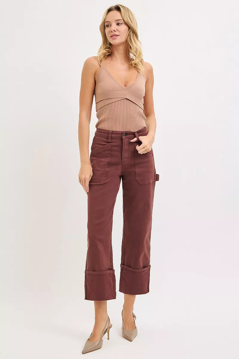 RISEN Full Size High Rise Wide Straight Cuffed Patch Jeans Plus Size - cas7m
