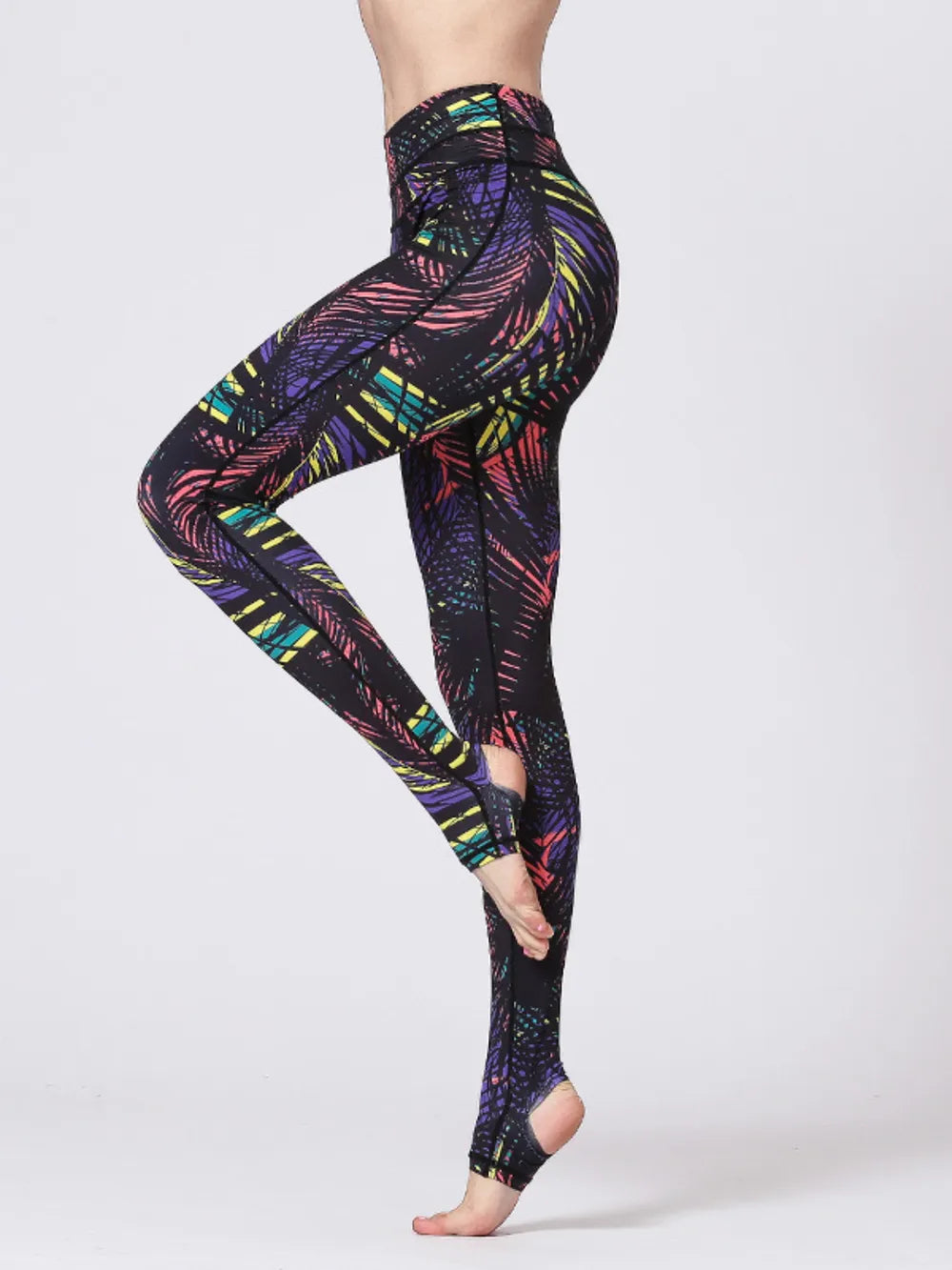 Printed Wide Waistband Active Leggings with Stirrups - cas7m