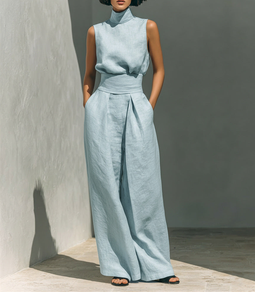 Casual Sleeveless Suit Summer Stand-up Collar Pullover Top And Loose Straight-leg Trousers Women's Clothing - cas7m