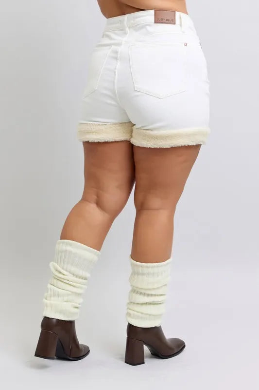 Judy Blue Full Size High Waist Shearling Cuff Denim Shorts Plus Size - cas7m