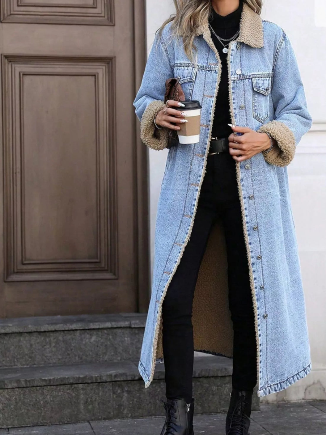 Sherpa Lined Longline Denim Jacket - cas7m