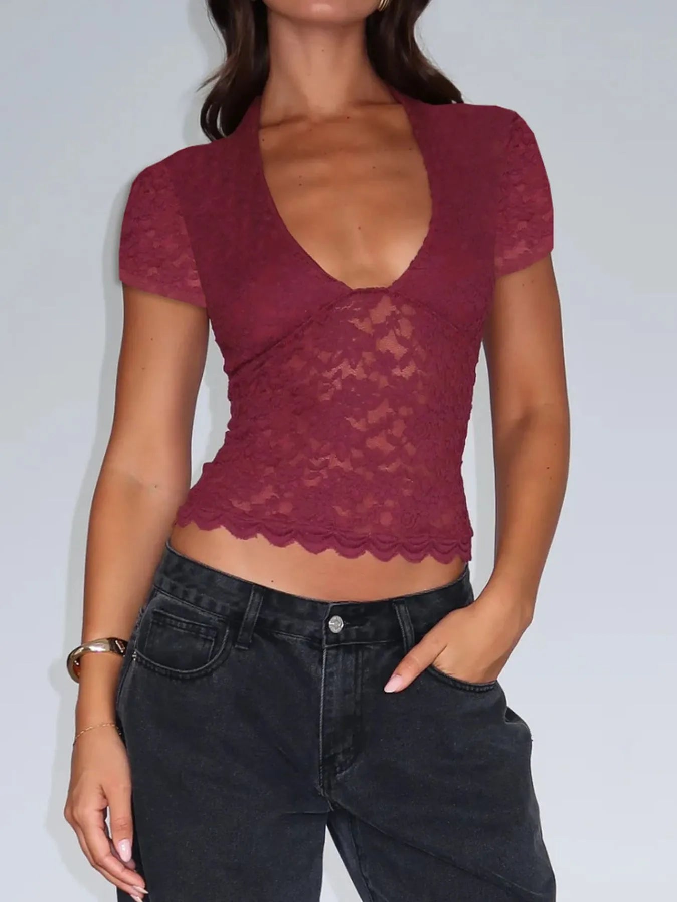 Lace Short Sleeve T-Shirt - cas7m