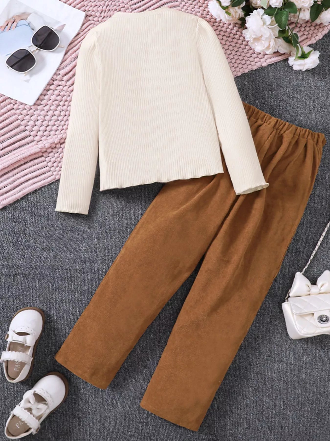 Children's Ruffle Trim Ribbed Top & Corduroy Pants Set - cas7m