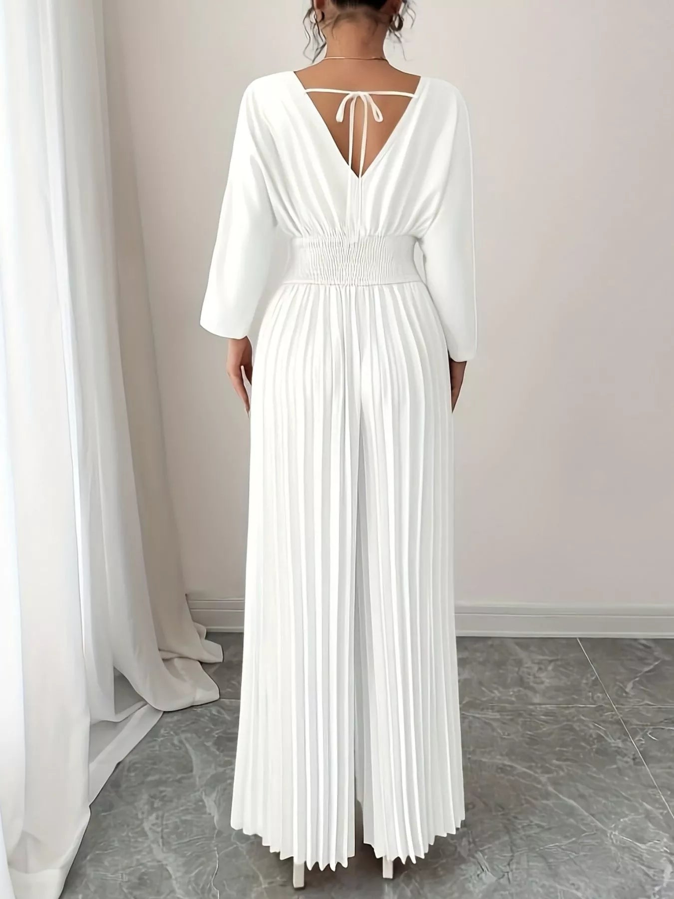 Surplice Pleated Wide Leg Jumpsuit - cas7m
