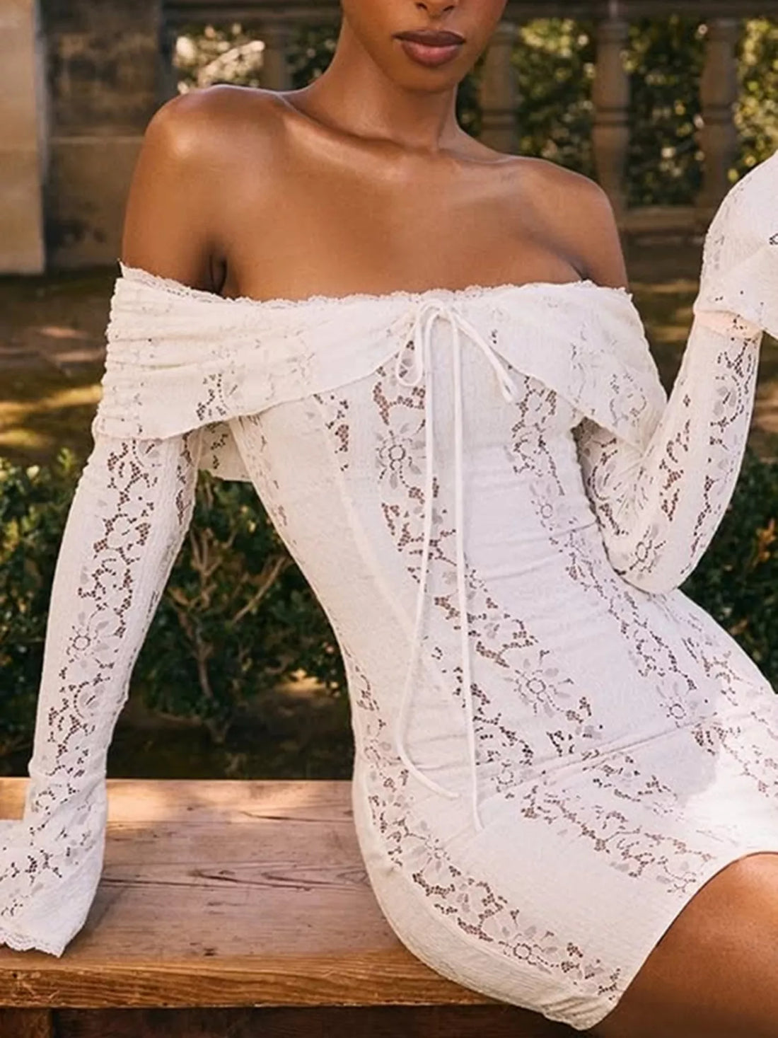 Off-Shoulder Lace Mini Dress - cas7m