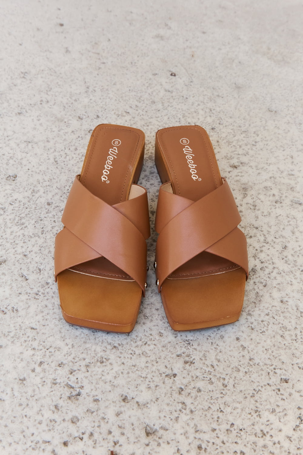Weeboo Step Into Summer Criss Cross Wooden Clog Mule in Brown - cas7m