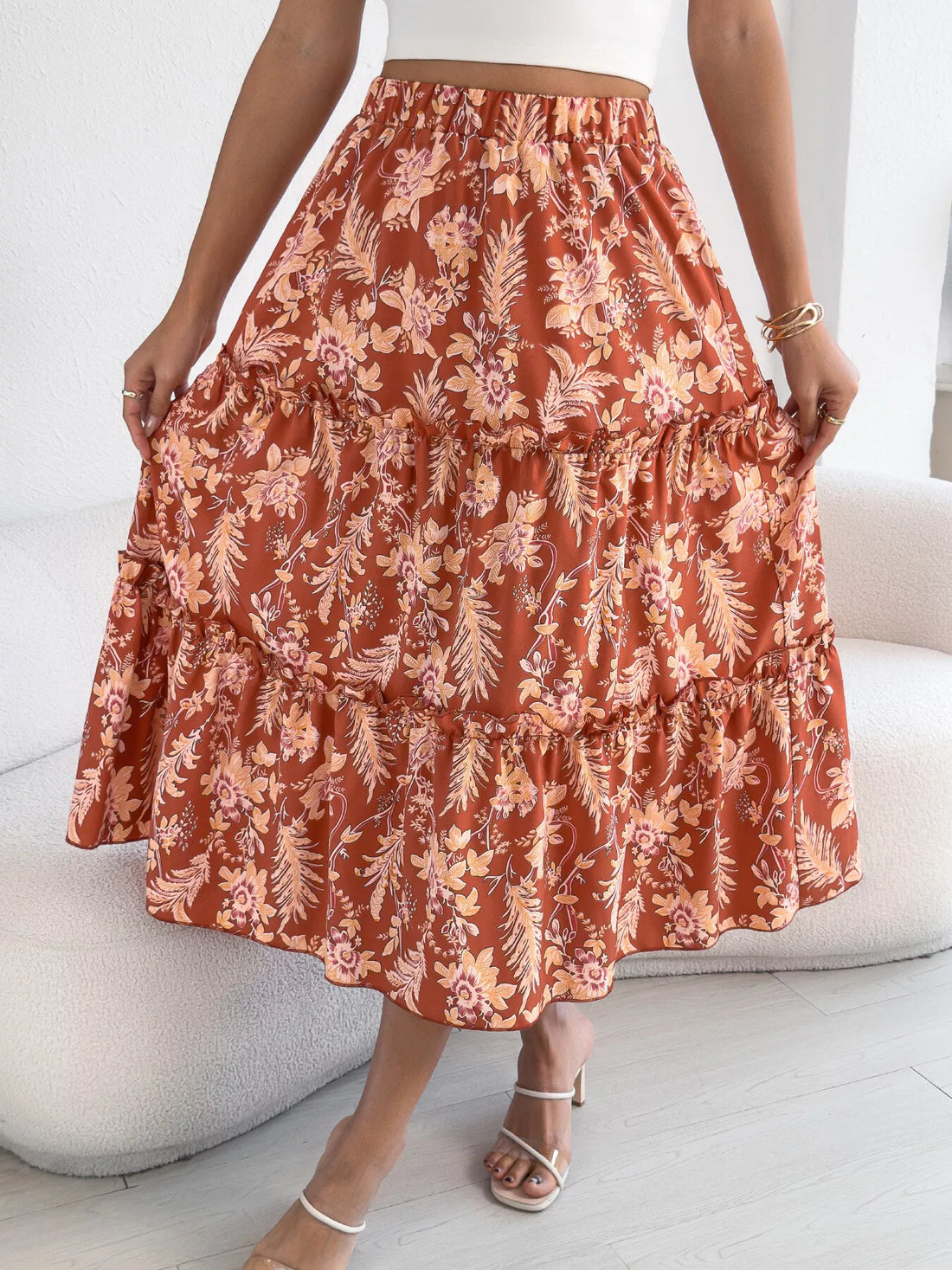 Floral Print Ruffle Hem Flowy Midi Skirt - cas7m