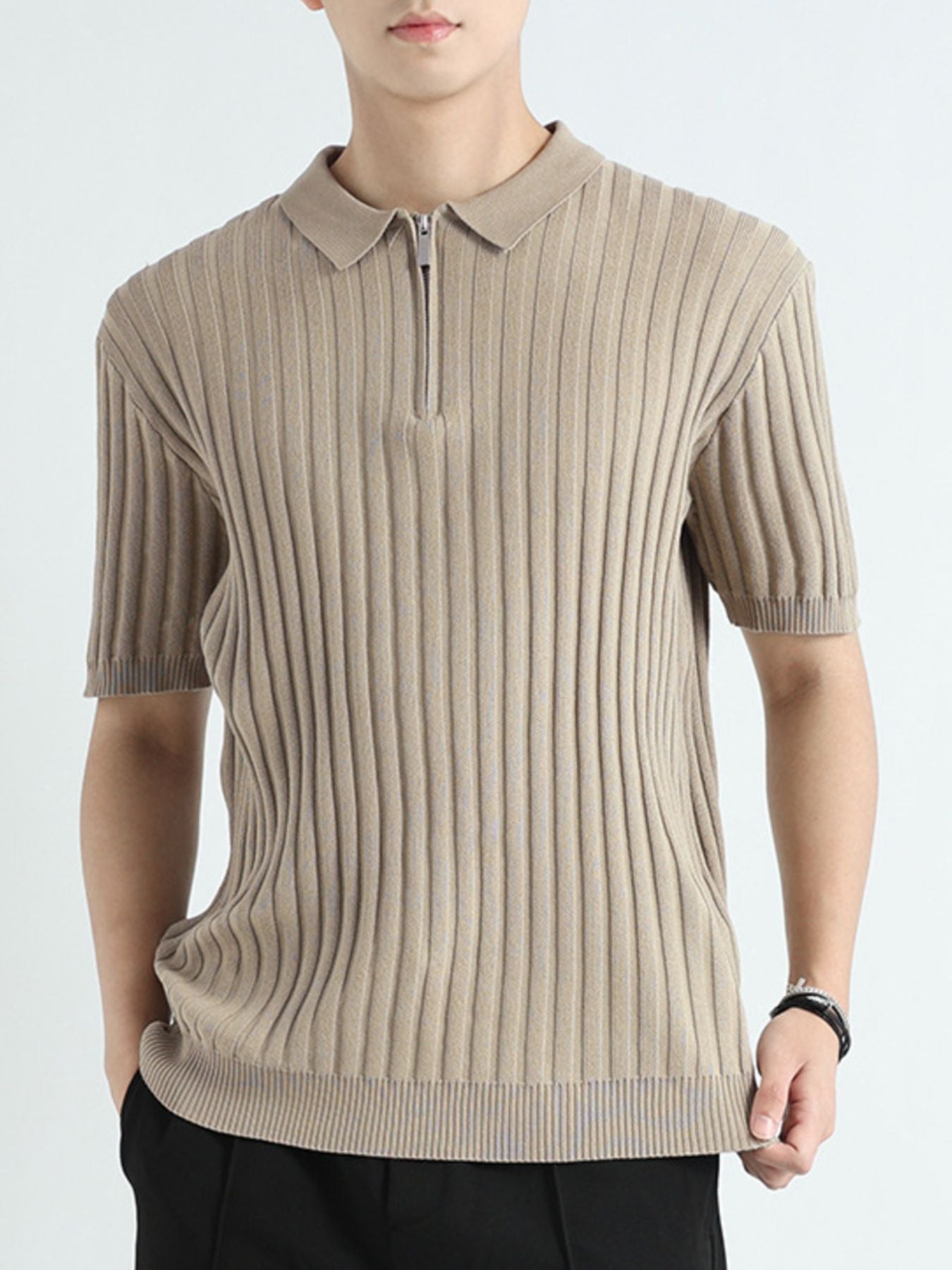 Men's Plus Size Ribbed Knit Short Sleeve Polo - cas7m