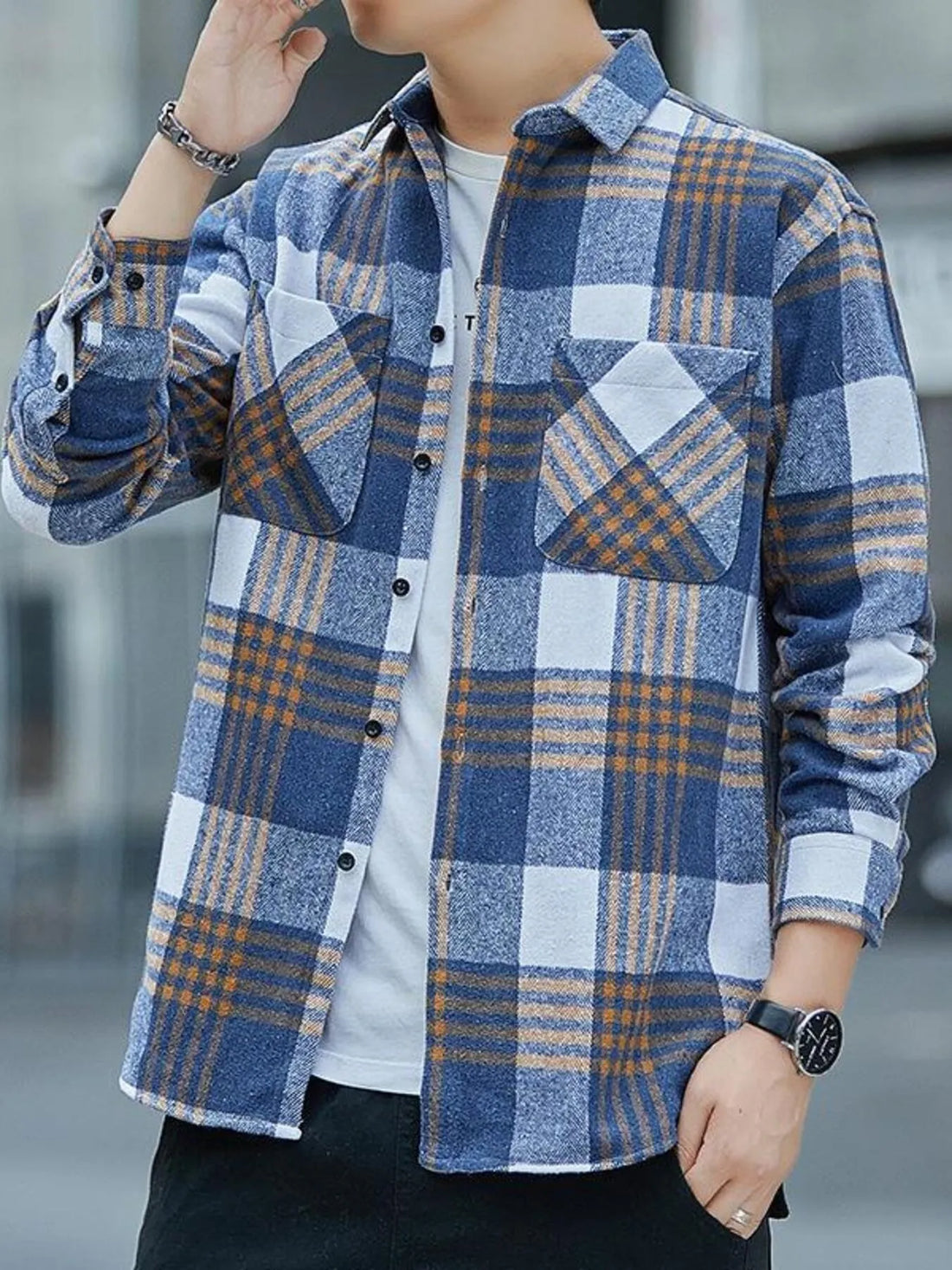 Men's Plus Size Casual Plaid Long Sleeve Shirt - cas7m