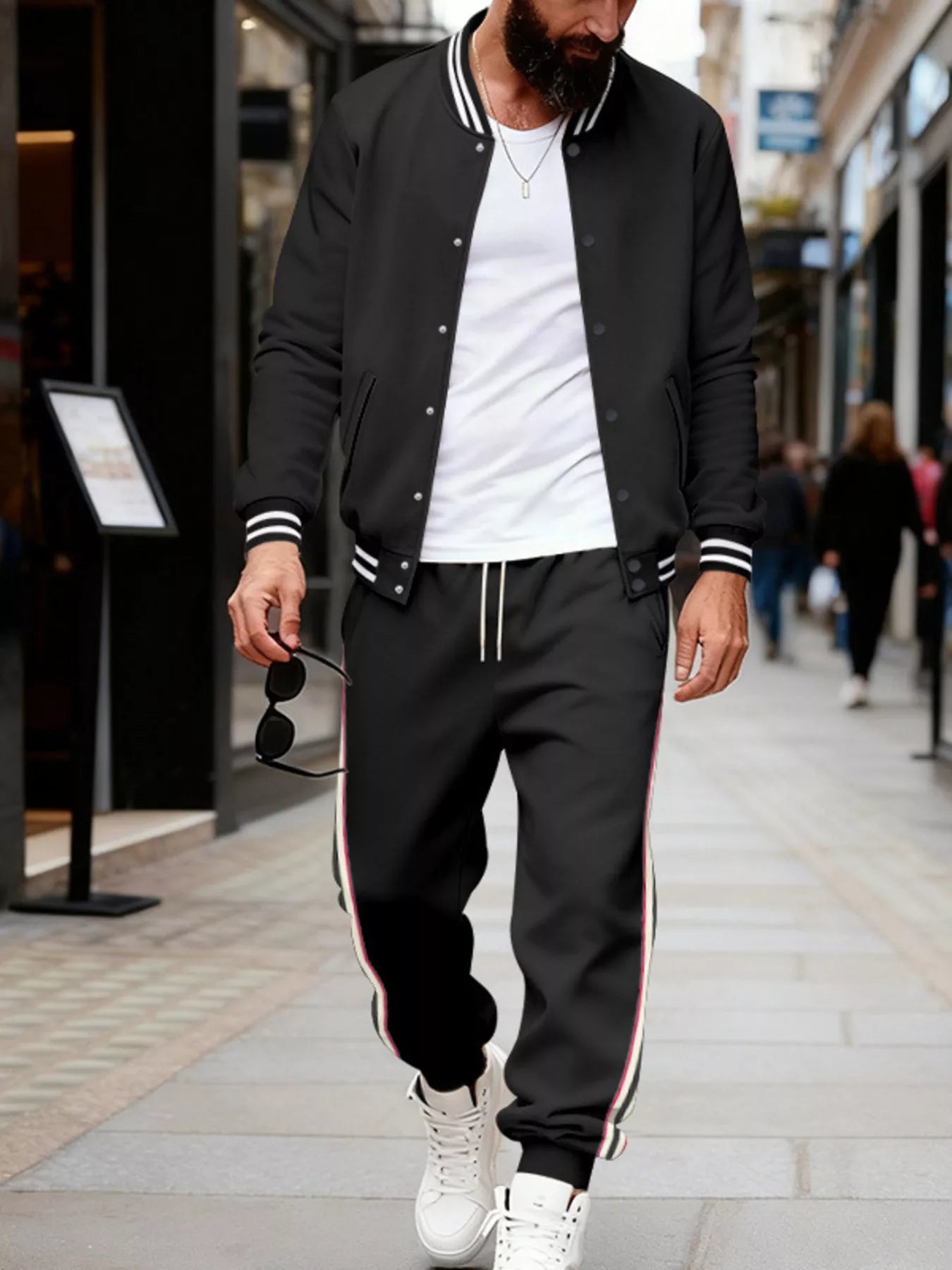 Men's Full Size Striped Snap Down Top and Pants Set Plus Size - cas7m