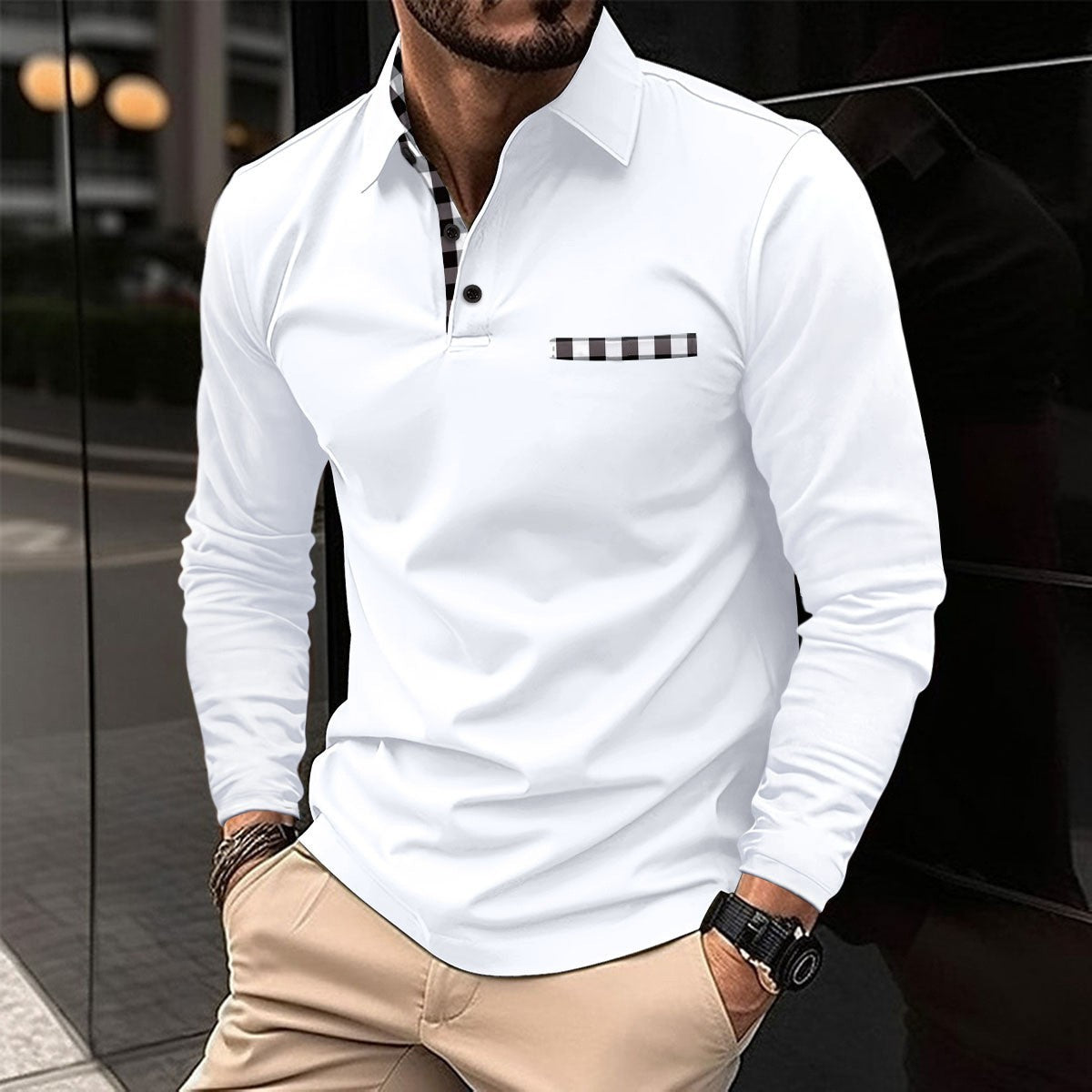 Casual Plaid Splicing Lapel Polo Shirt Fashion Solid Color Long Sleeve Top Men's Clothing - cas7m