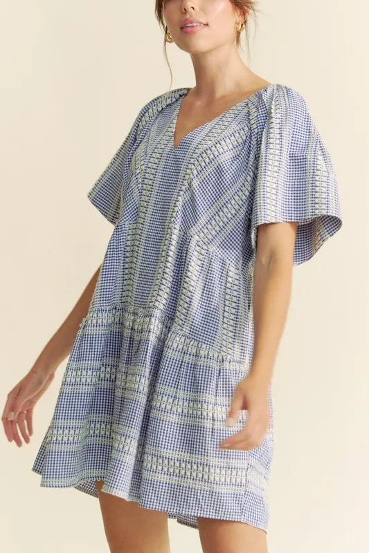 Davi & Dani Embroidered Stripe Ruffled Gingham Mini Dress - cas7m
