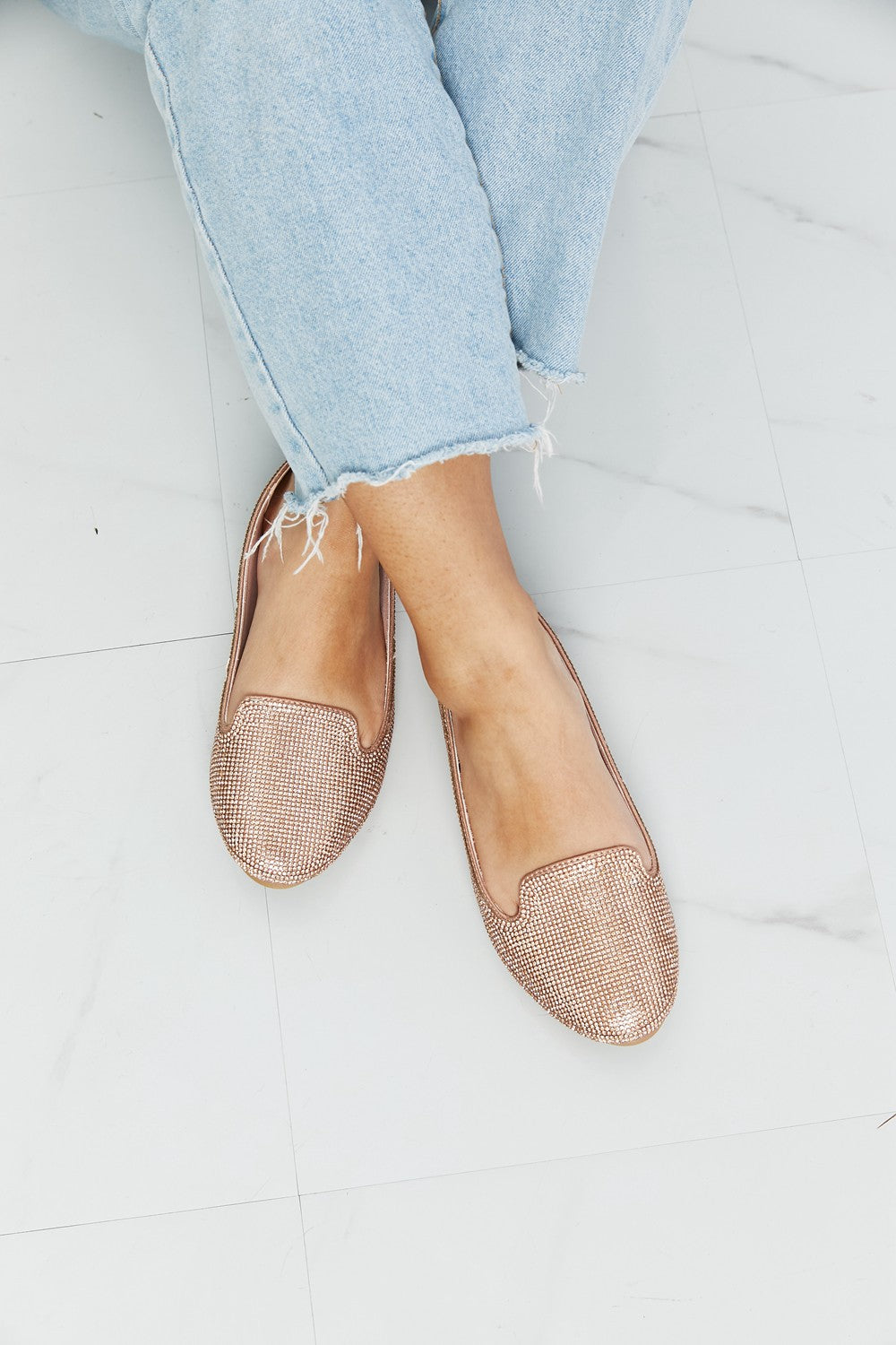 Forever Link Rhinestone Round Toe Flats in Rose Gold - cas7m