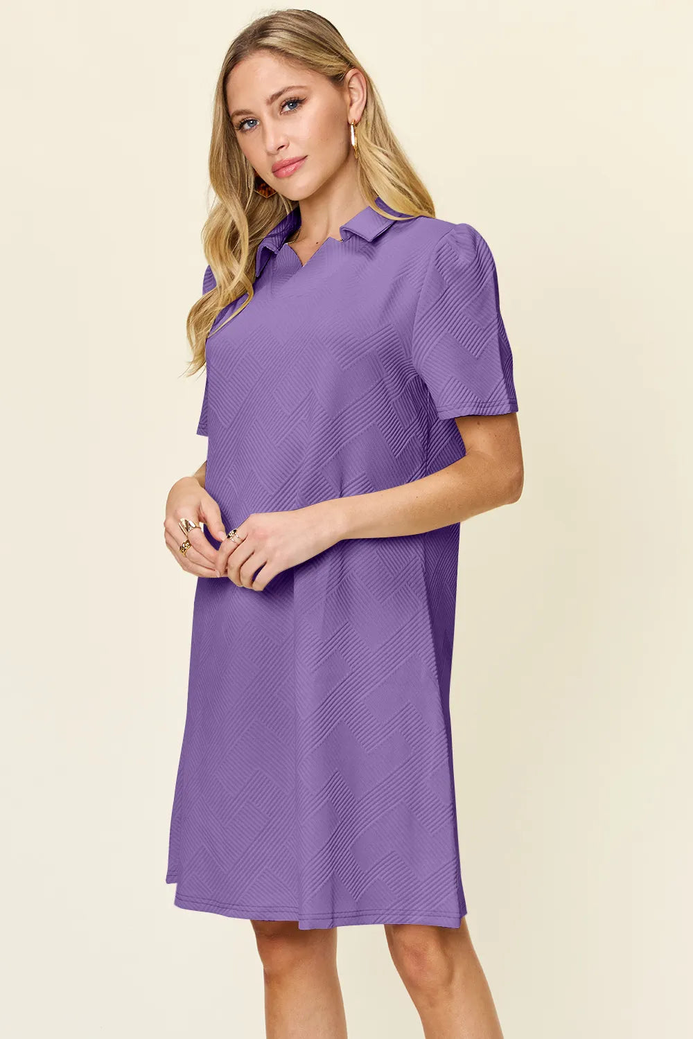 Double Take Full Size Texture Collared Neck Short Sleeve Dress - cas7m