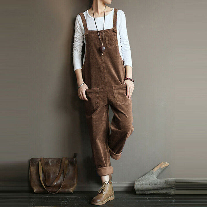 Women's Corduroy Solid Color Casual Bib Pants - cas7m