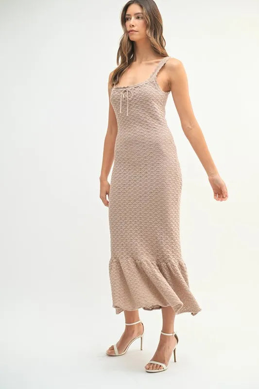 MABLE Ruffled Hem Sleeveless Crochet Knit Midi Dress - cas7m