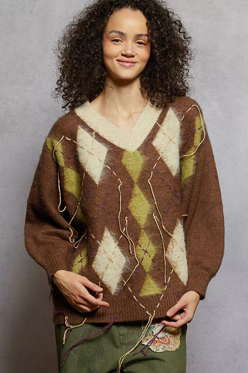POL V-Neck Argyle Pattern Mohair Sweater with Contrast Exposed Stitch Detail - cas7m