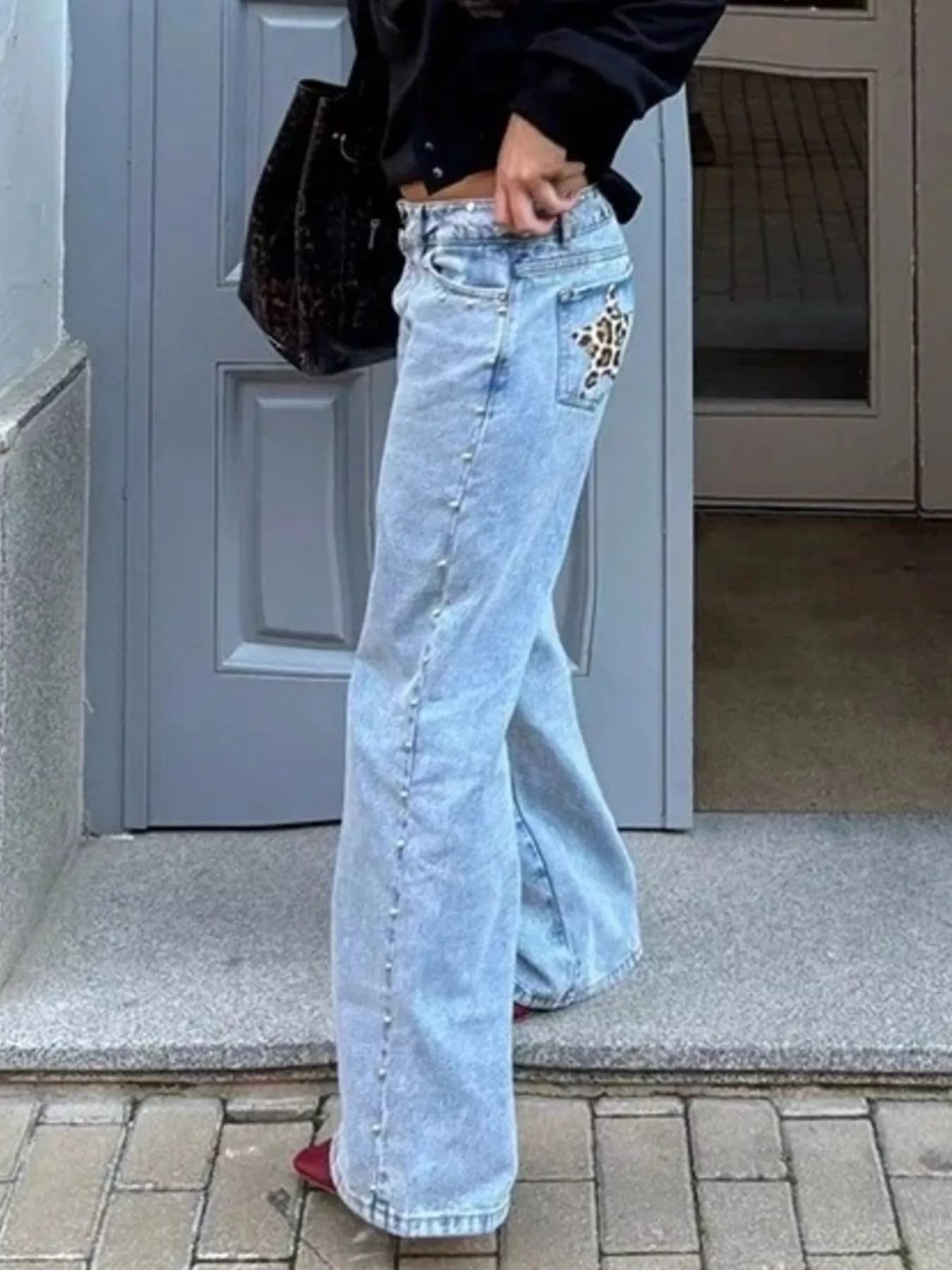 Leopard Star Patches Wide Leg Jeans - cas7m